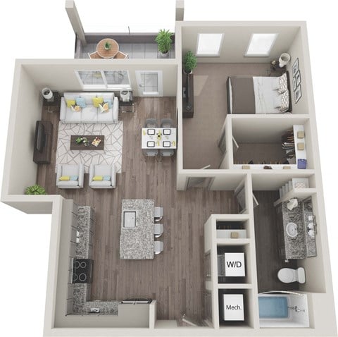Floor plan for 1 bed, 1 bath, 858 sqft